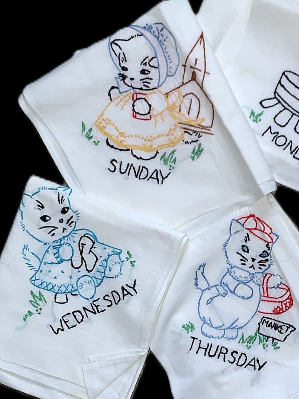 7 Vintage Embroidered Kitten Cat Day-of-Week Tea Towels Anthropomorphic Chores - Picture 2 of 16